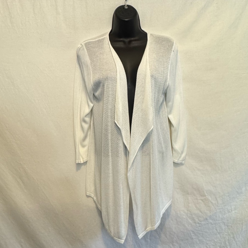 C-150 August Silk White Open Waterfall Front 1/2 Sleeve Cardigan Sweater Size S